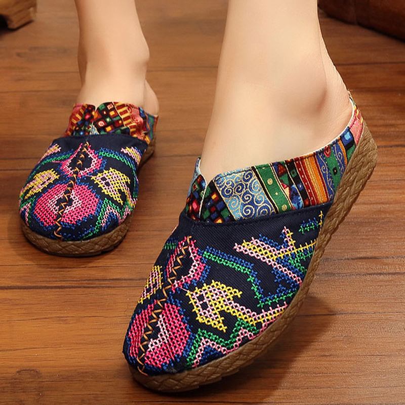 Kvinner Lin Fritids Outdoor Brodery Flat Slipper Sko