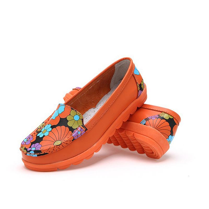 Kvinner Mote Uformell Komfortabel Myk Pustende Blomstrete Leather Runde Toe Flat Loafer Sko