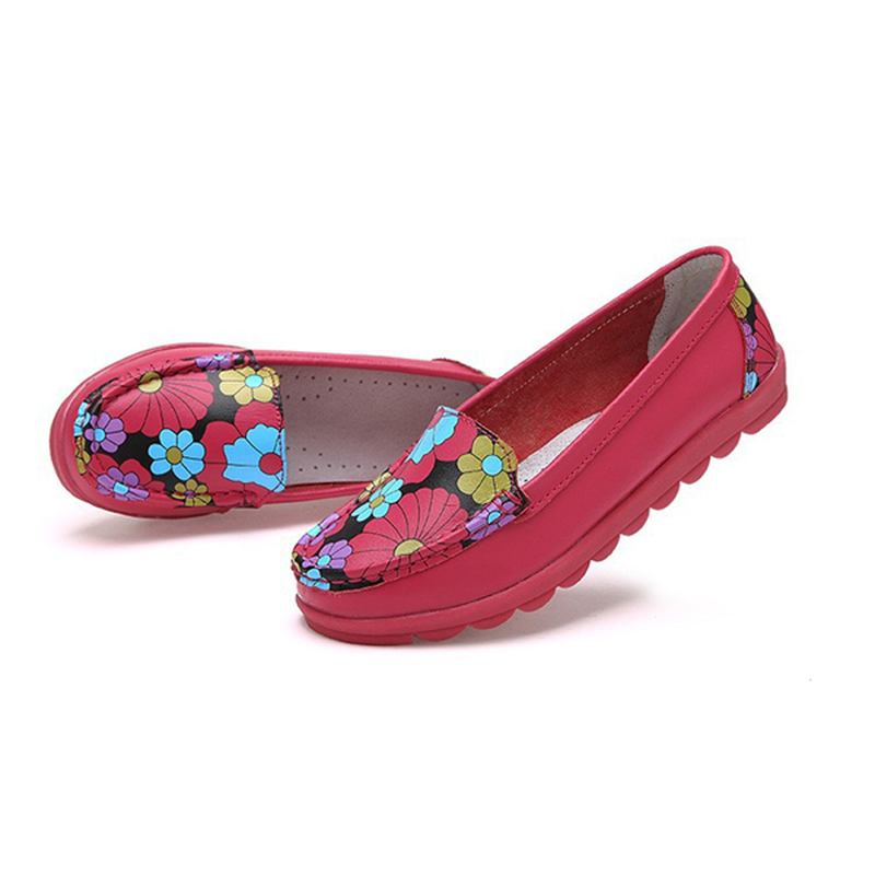 Kvinner Mote Uformell Komfortabel Myk Pustende Blomstrete Leather Runde Toe Flat Loafer Sko