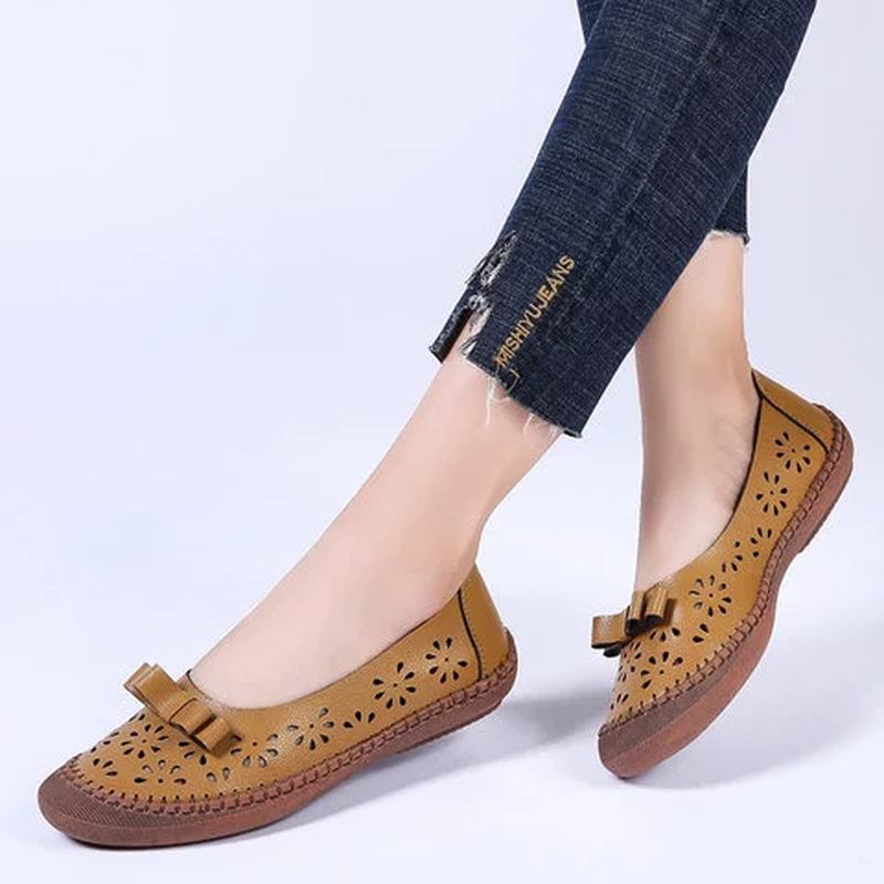 Kvinner Pluss Størrelse Ekte Skinn Pustende Hule Ut Slip On Fritids Flats Loafers