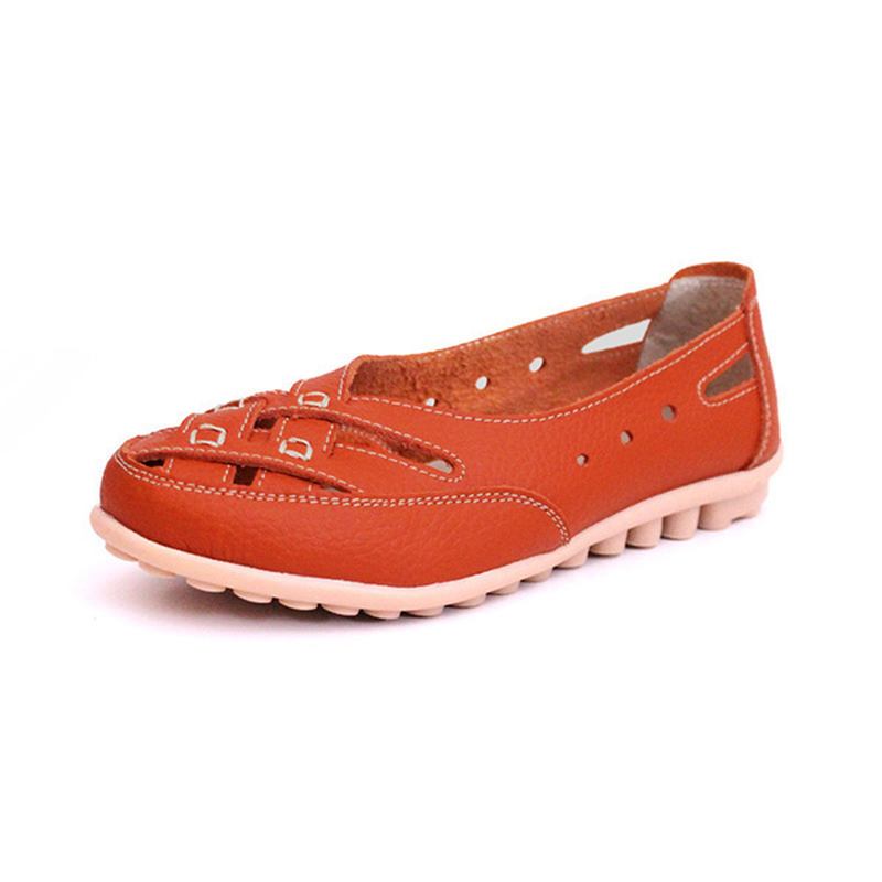 Kvinner Sommer Flat Fritids Outdoor Hollow Out Leather Myk Komfortabel Flat Loafers Sko