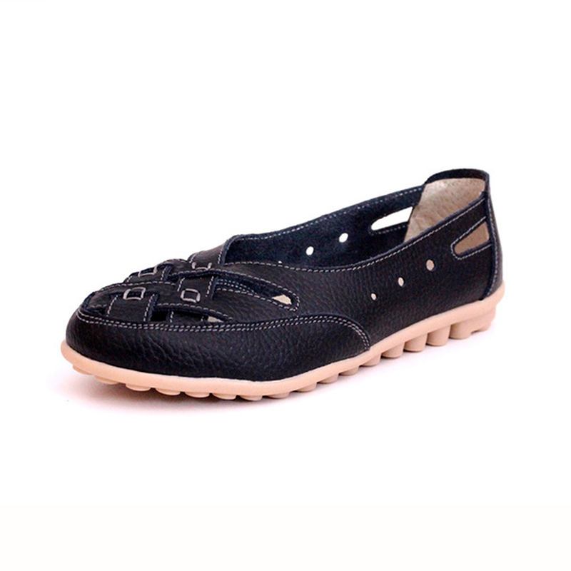 Kvinner Sommer Flat Fritids Outdoor Hollow Out Leather Myk Komfortabel Flat Loafers Sko