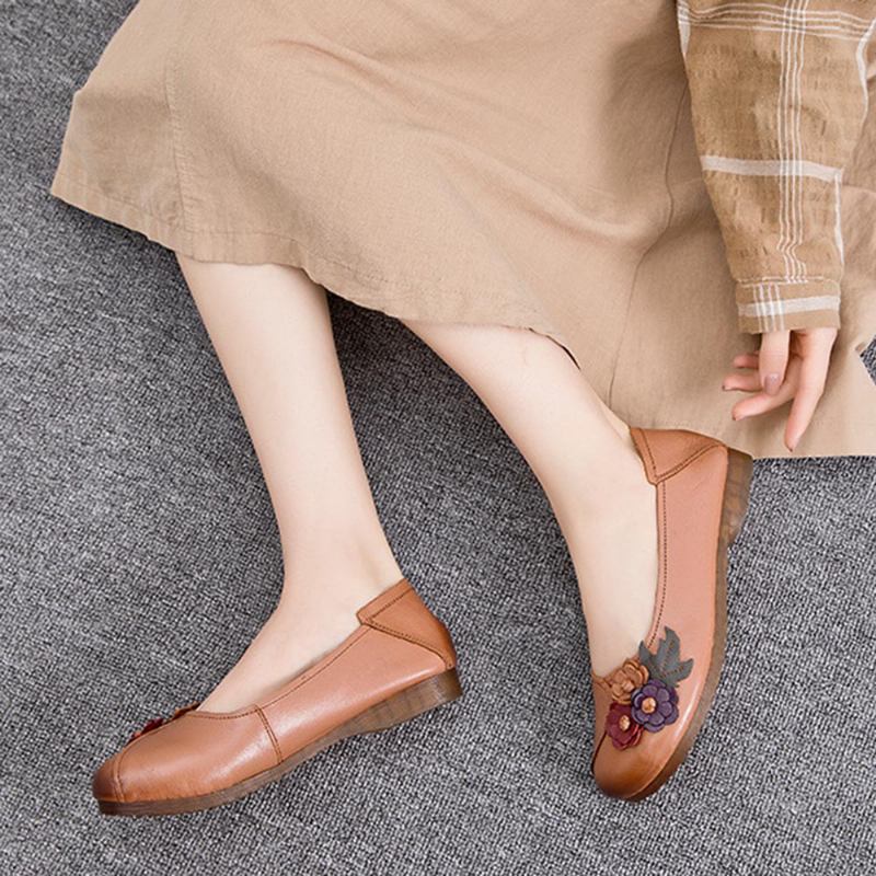 Kvinner Vintage Blomstrete Rund Tå Ekte Skinn Myk Såle Slip On Flats