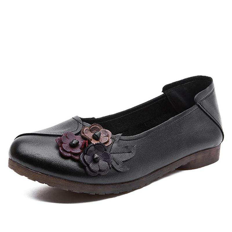 Kvinner Vintage Blomstrete Rund Tå Ekte Skinn Myk Såle Slip On Flats