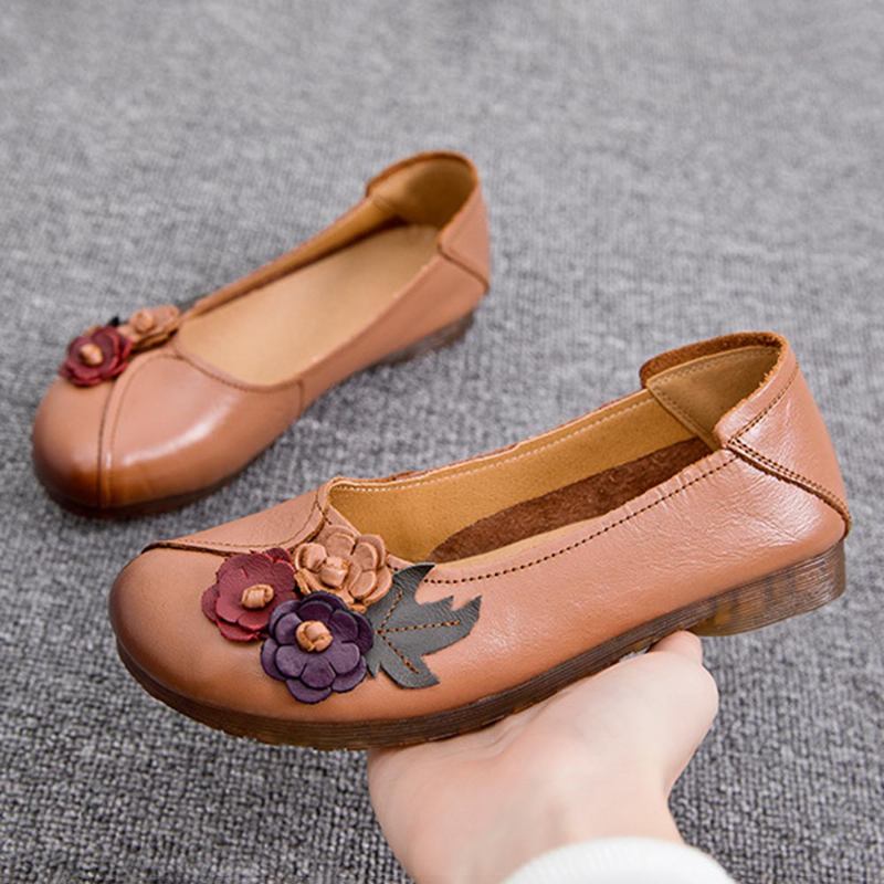 Kvinner Vintage Blomstrete Rund Tå Ekte Skinn Myk Såle Slip On Flats