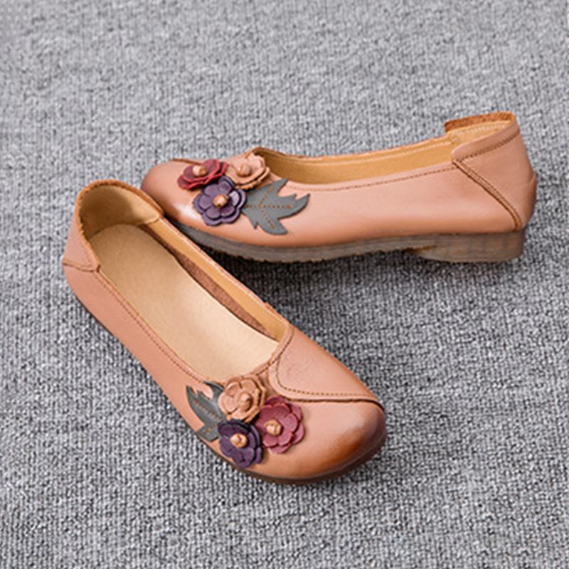 Kvinner Vintage Blomstrete Rund Tå Ekte Skinn Myk Såle Slip On Flats