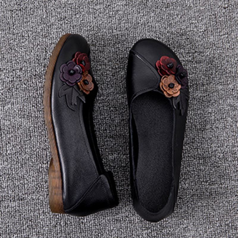 Kvinner Vintage Blomstrete Rund Tå Ekte Skinn Myk Såle Slip On Flats