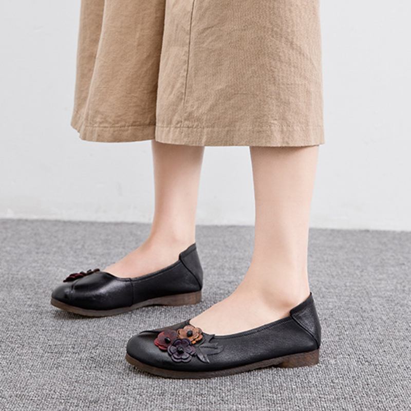 Kvinner Vintage Blomstrete Rund Tå Ekte Skinn Myk Såle Slip On Flats