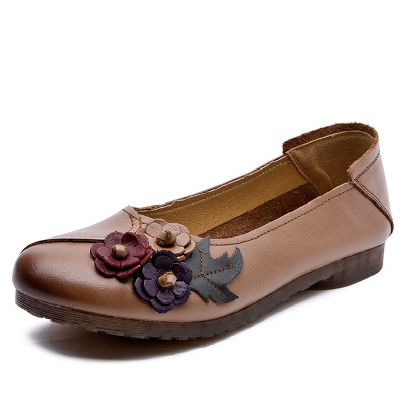 Kvinner Vintage Blomstrete Rund Tå Ekte Skinn Myk Såle Slip On Flats