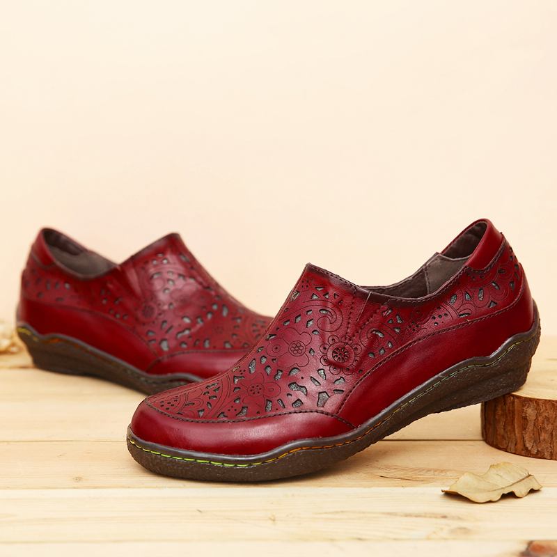 Leather Blomstrete Cutouts Side Glidelås Slip On Loafers Sklisikker Flate Sko