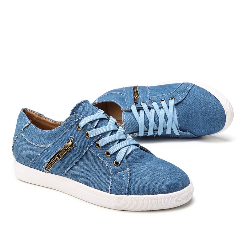 Plus Size Dame Retro Glidelås Dekor Canvas Snøring Flat Fritids Sko