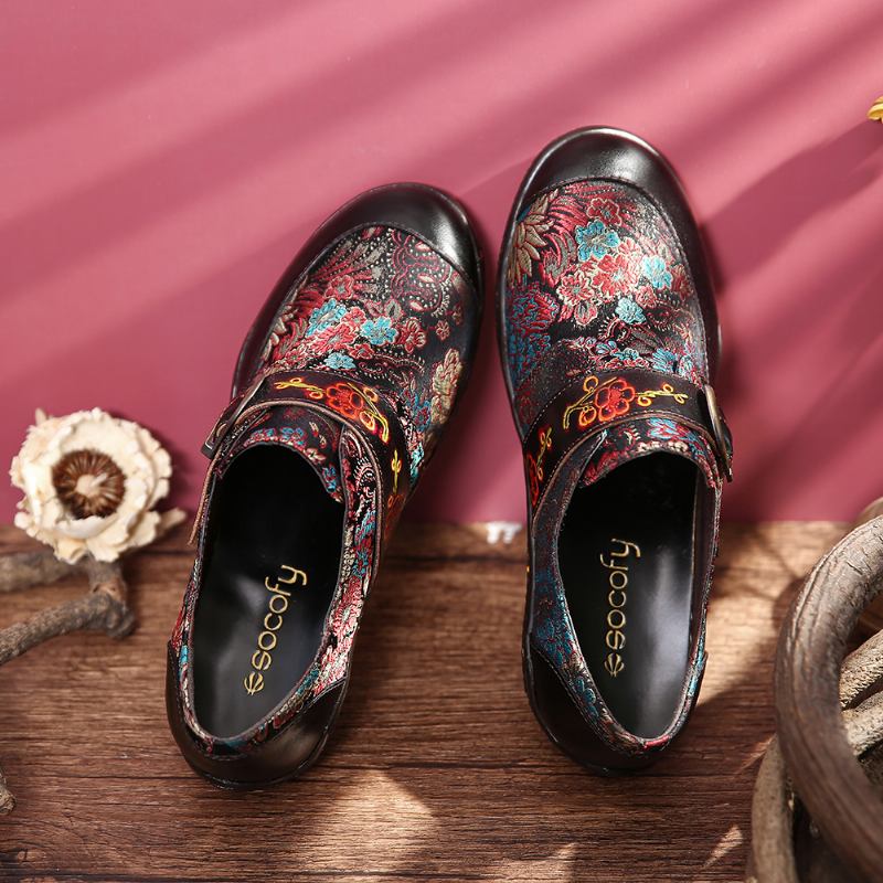 Retro Blomster Broderi Lær Pregede Plomme Blossom Spenne Slip On Flat Sko