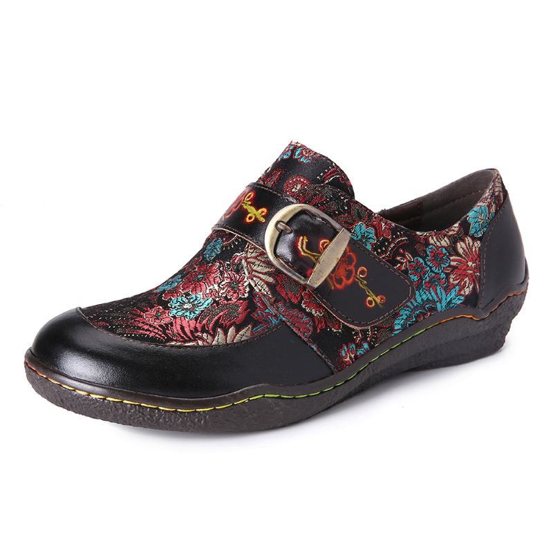 Retro Blomster Broderi Lær Pregede Plomme Blossom Spenne Slip On Flat Sko