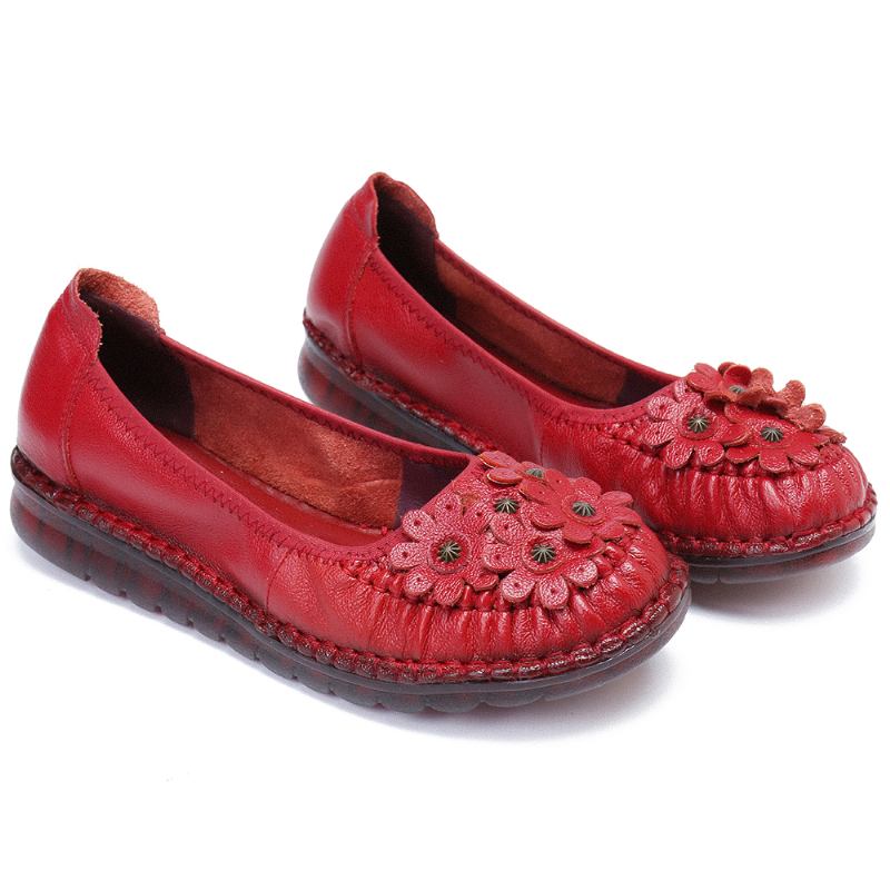 Retro Blomsterdekor Skinn Sklisikker Myk Såle Uformelle Slip-on Flate Sko