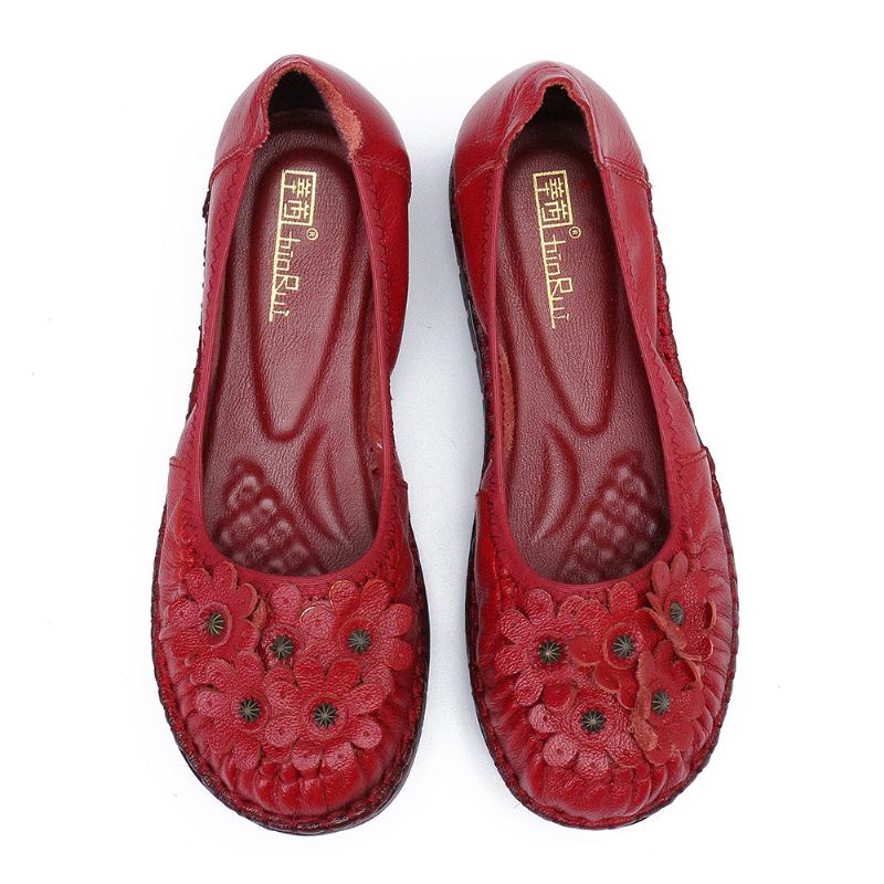 Retro Blomsterdekor Skinn Sklisikker Myk Såle Uformelle Slip-on Flate Sko