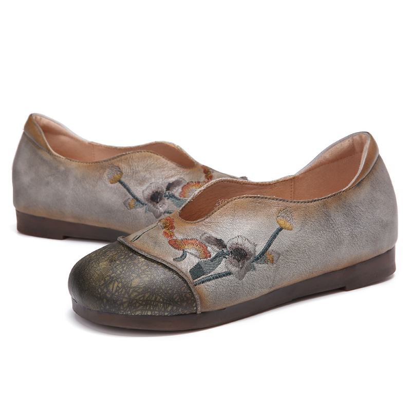 Retro Blomstrete Brodery Myk Leather Slip On Flat Shoes