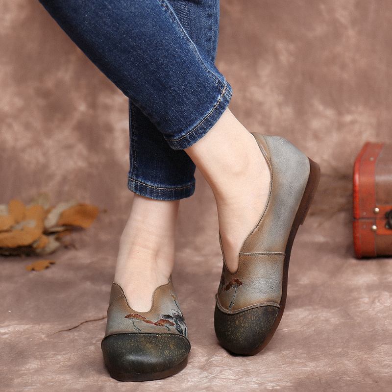 Retro Blomstrete Brodery Myk Leather Slip On Flat Shoes