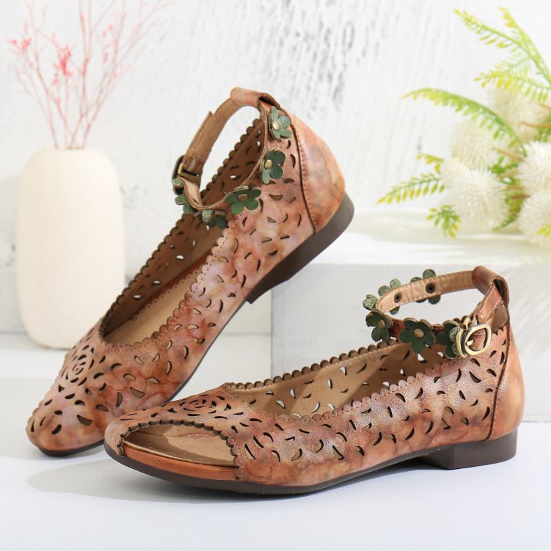 Retro Hule Slips-farget Ankel Blomster Spenne Stropp Myke Flate Sko