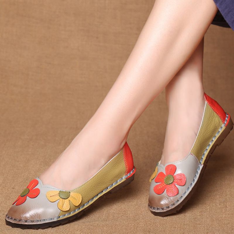 Retro Stitching Leather Flats Uformelle Sko