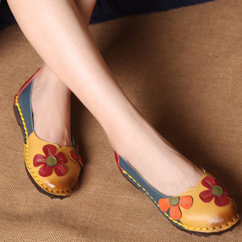 Retro Stitching Leather Flats Uformelle Sko