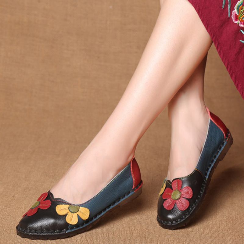 Retro Stitching Leather Flats Uformelle Sko