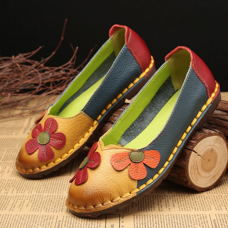 Retro Stitching Leather Flats Uformelle Sko