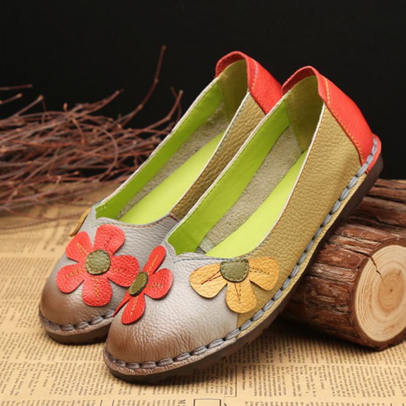 Retro Stitching Leather Flats Uformelle Sko