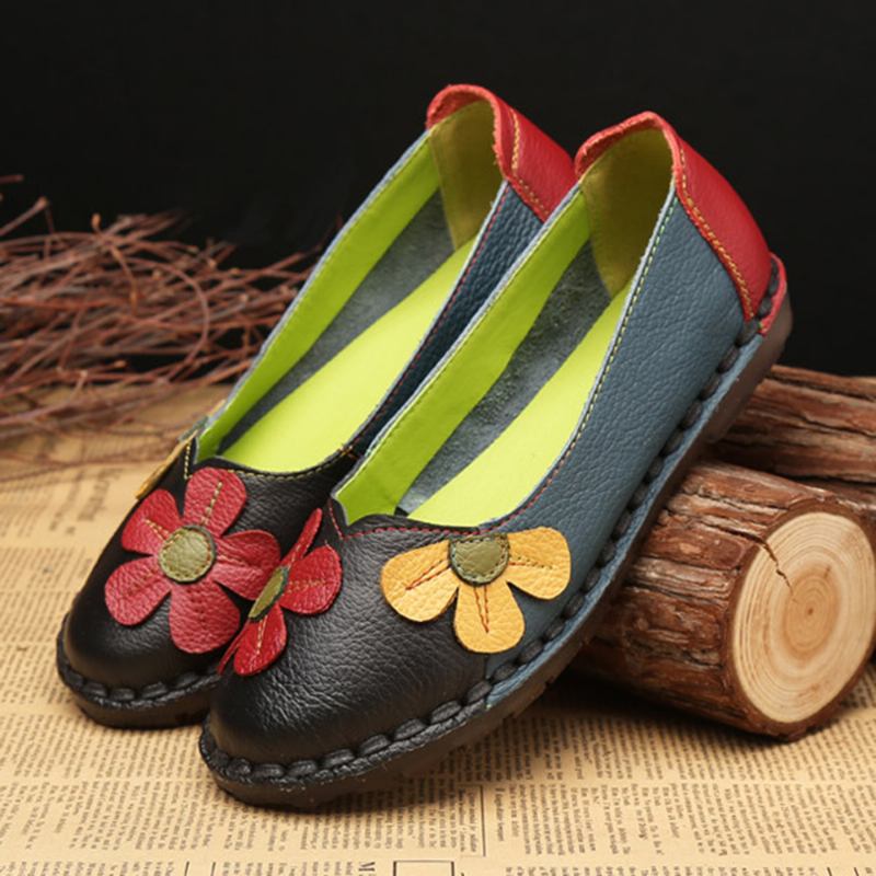 Retro Stitching Leather Flats Uformelle Sko