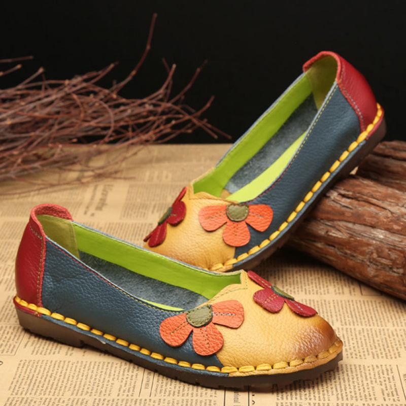 Retro Stitching Leather Flats Uformelle Sko