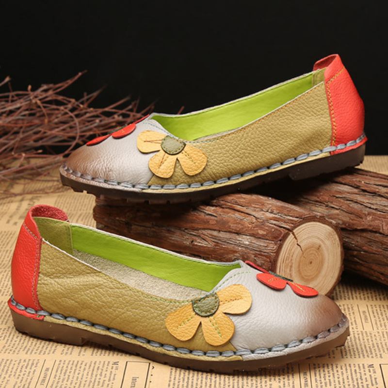 Retro Stitching Leather Flats Uformelle Sko