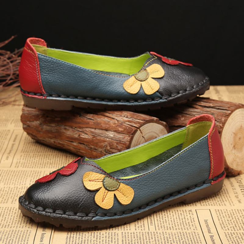 Retro Stitching Leather Flats Uformelle Sko