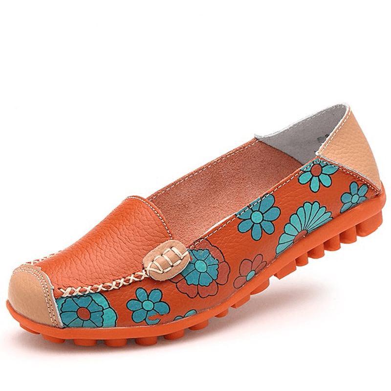 Stor Størrelse Dame Blomster Blomster Loafers Leather Moccas Flats Myke Ballettsko Runde Tå Flater