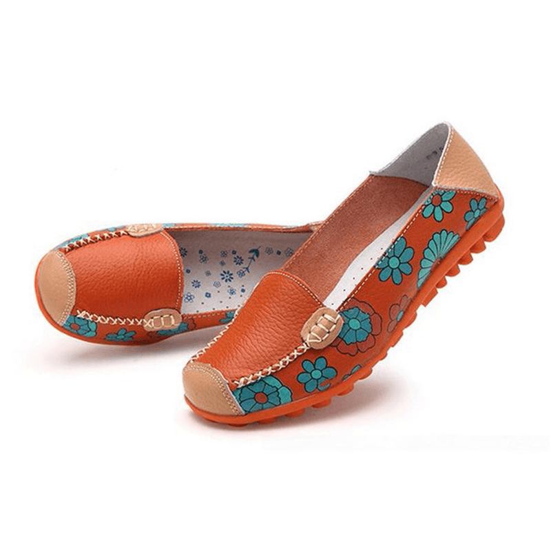 Stor Størrelse Dame Blomster Blomster Loafers Leather Moccas Flats Myke Ballettsko Runde Tå Flater