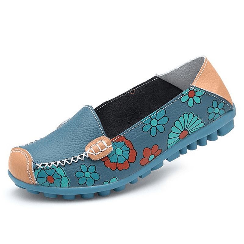 Stor Størrelse Dame Blomster Blomster Loafers Leather Moccas Flats Myke Ballettsko Runde Tå Flater