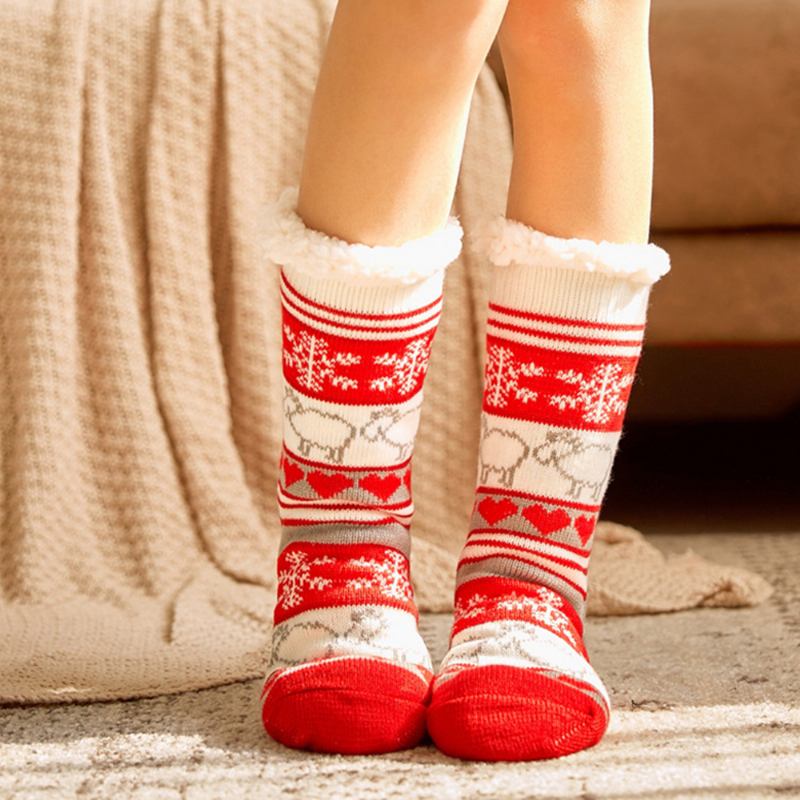 Kvinner Varm Vinter Utendørs Julestil Snowflake Elg Mønster Pluss Velvet Thicken Home Sleep Socks Tube Sokker