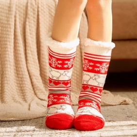 Kvinner Varm Vinter Utendørs Julestil Snowflake Elg Mønster Pluss Velvet Thicken Home Sleep Socks Tube Sokker