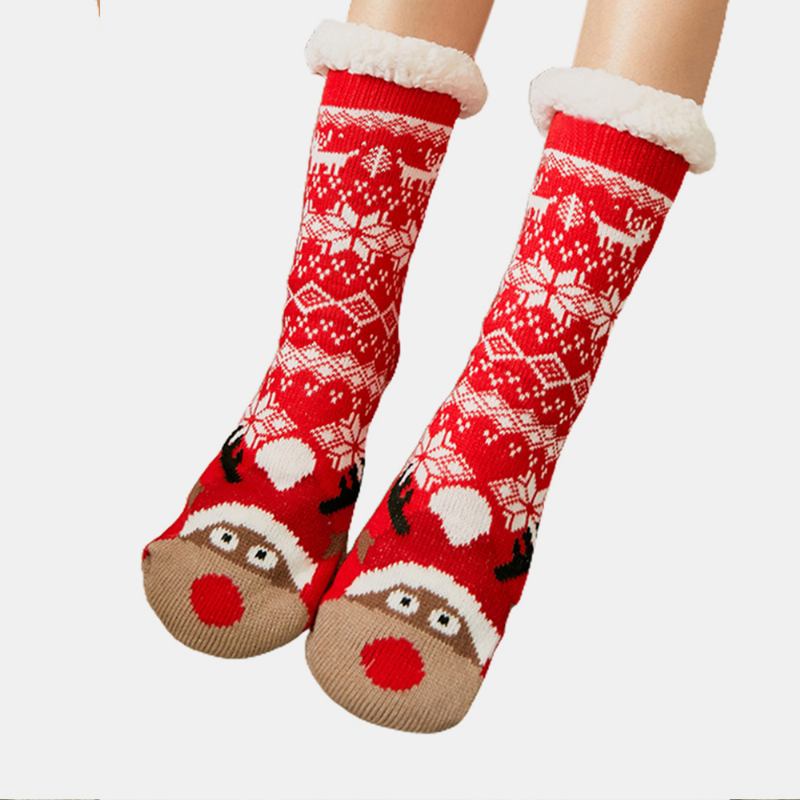 Kvinner Varm Vinter Utendørs Julestil Snowflake Elg Mønster Pluss Velvet Thicken Home Sleep Socks Tube Sokker