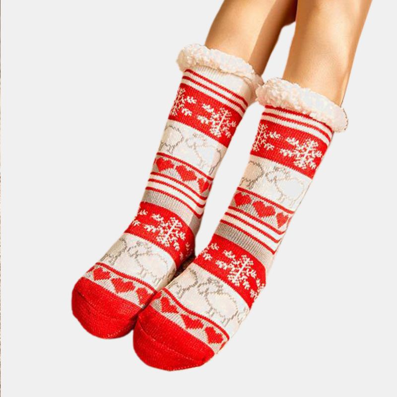 Kvinner Varm Vinter Utendørs Julestil Snowflake Elg Mønster Pluss Velvet Thicken Home Sleep Socks Tube Sokker