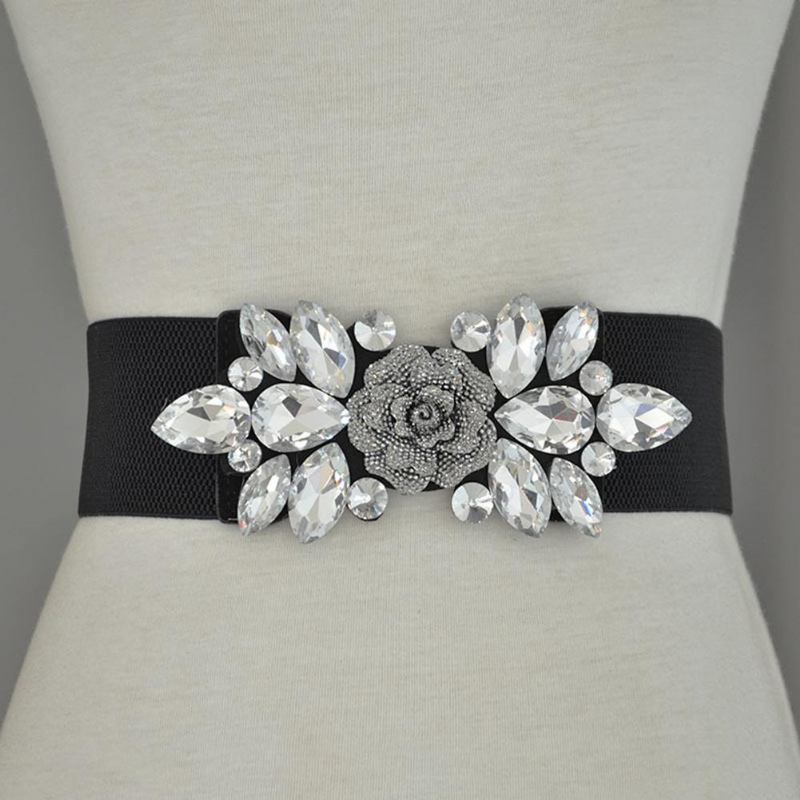 Bryllupsfest Kvinner Mote Blomsterspenne Rhinestone Elastisk Bred Clinch Belte