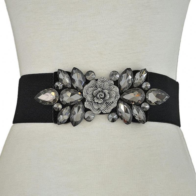 Bryllupsfest Kvinner Mote Blomsterspenne Rhinestone Elastisk Bred Clinch Belte