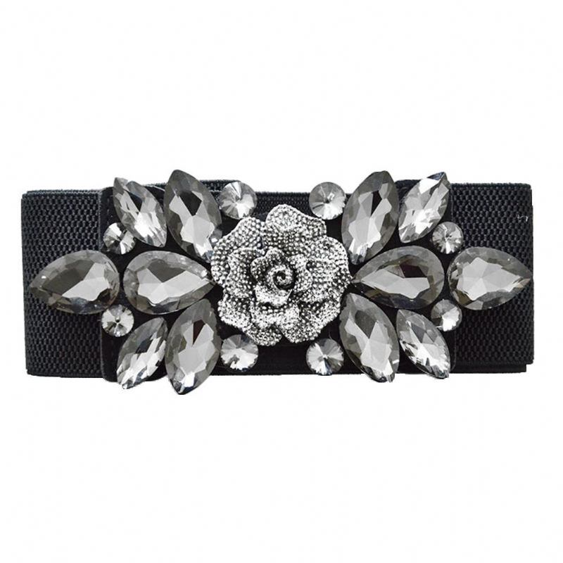 Bryllupsfest Kvinner Mote Blomsterspenne Rhinestone Elastisk Bred Clinch Belte