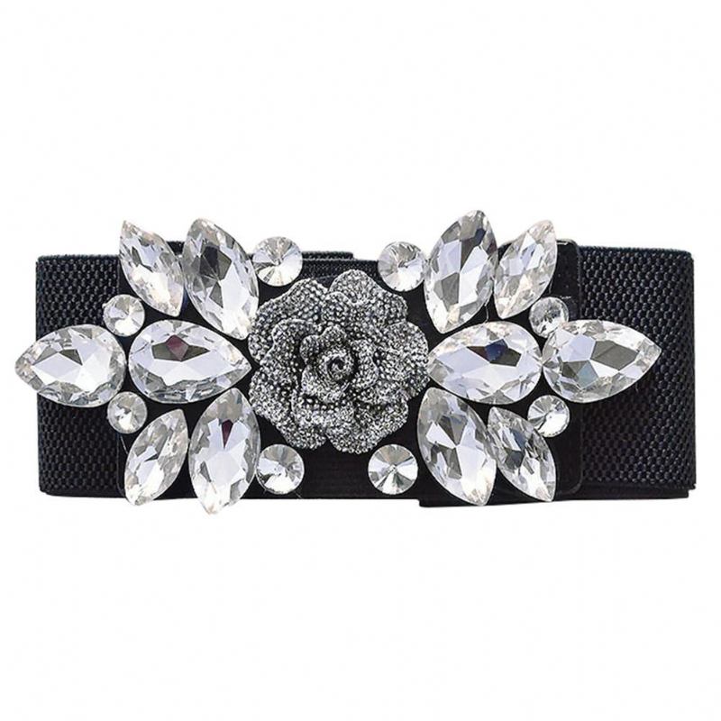 Bryllupsfest Kvinner Mote Blomsterspenne Rhinestone Elastisk Bred Clinch Belte