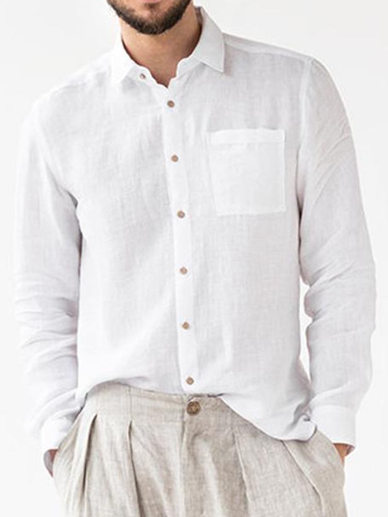 Herre 100% Bomull Button Up Lange Ermer Ensfargede Skjorter Med Lomme