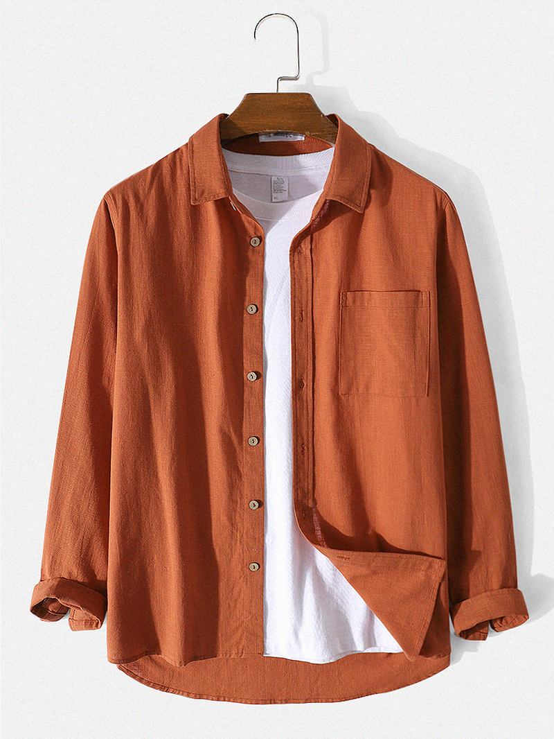 Herre 100% Bomull Button Up Lange Ermer Ensfargede Skjorter Med Lomme