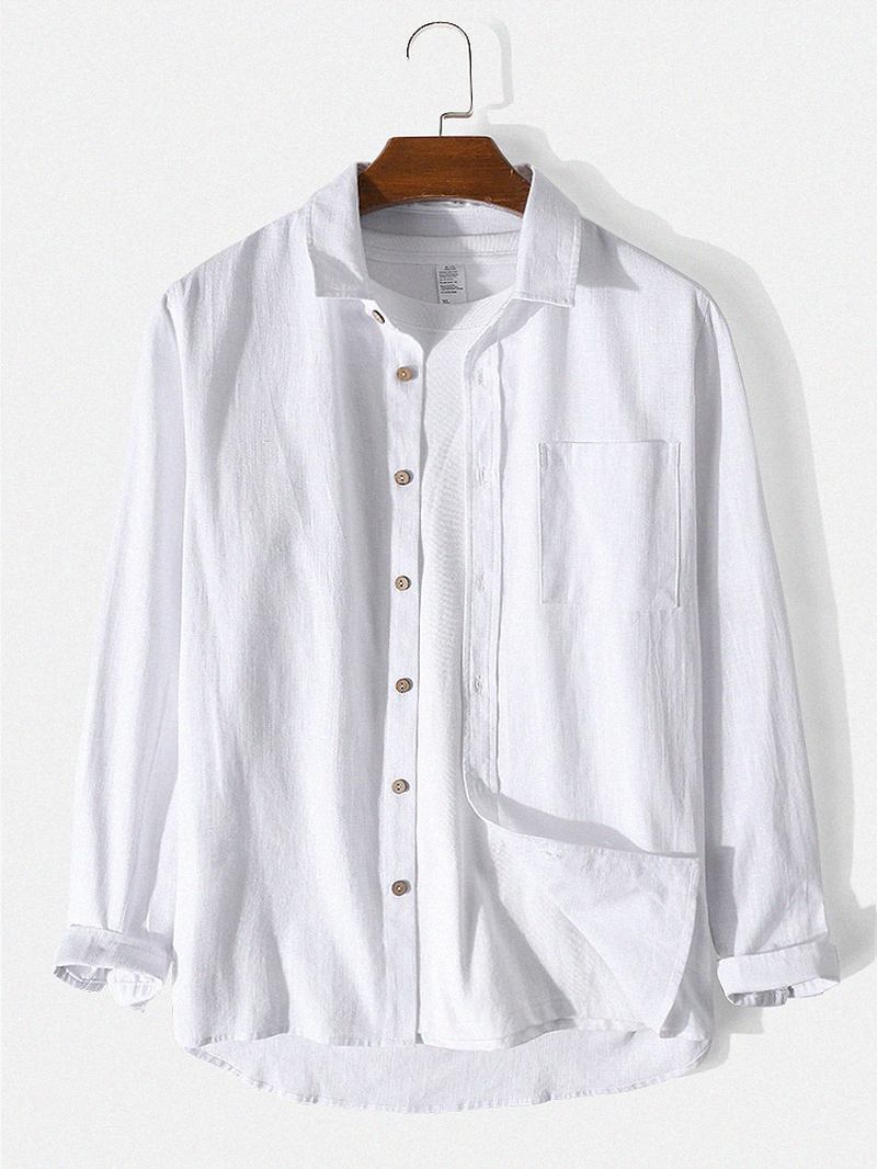 Herre 100% Bomull Button Up Lange Ermer Ensfargede Skjorter Med Lomme