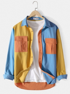 Herre Bomull Colorblock Patchwork Cargo Style Skjorter Med Klafflommer