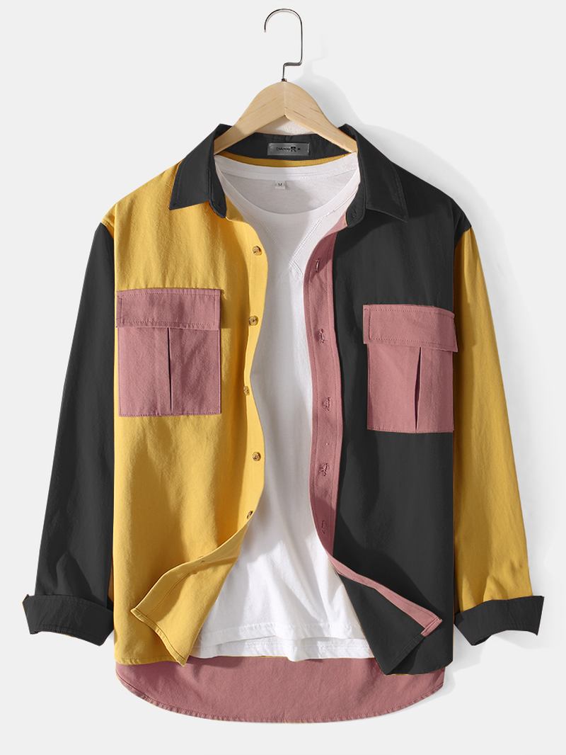 Herre Bomull Colorblock Patchwork Cargo Style Skjorter Med Klafflommer