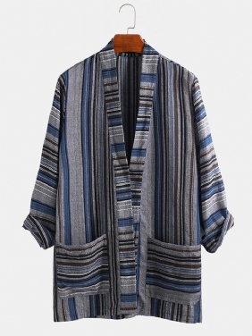 Herre Bomull Vintage Stripe Dobbeltlomme Kimono Cardigan Skjorter