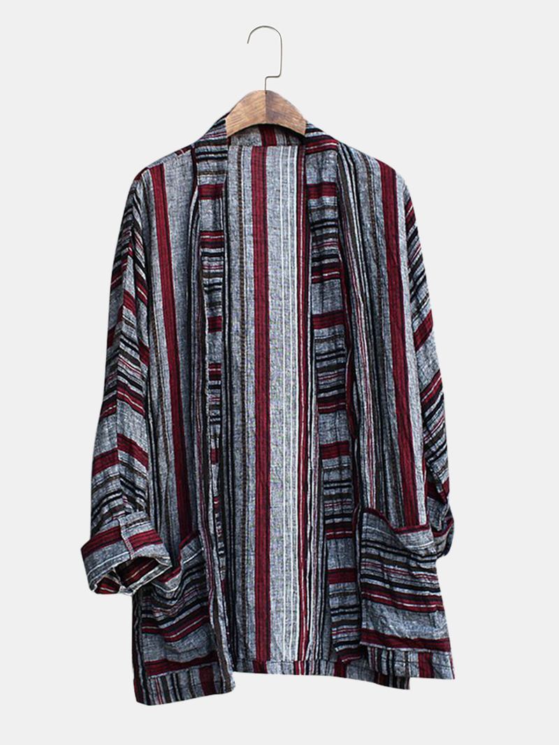 Herre Bomull Vintage Stripe Dobbeltlomme Kimono Cardigan Skjorter