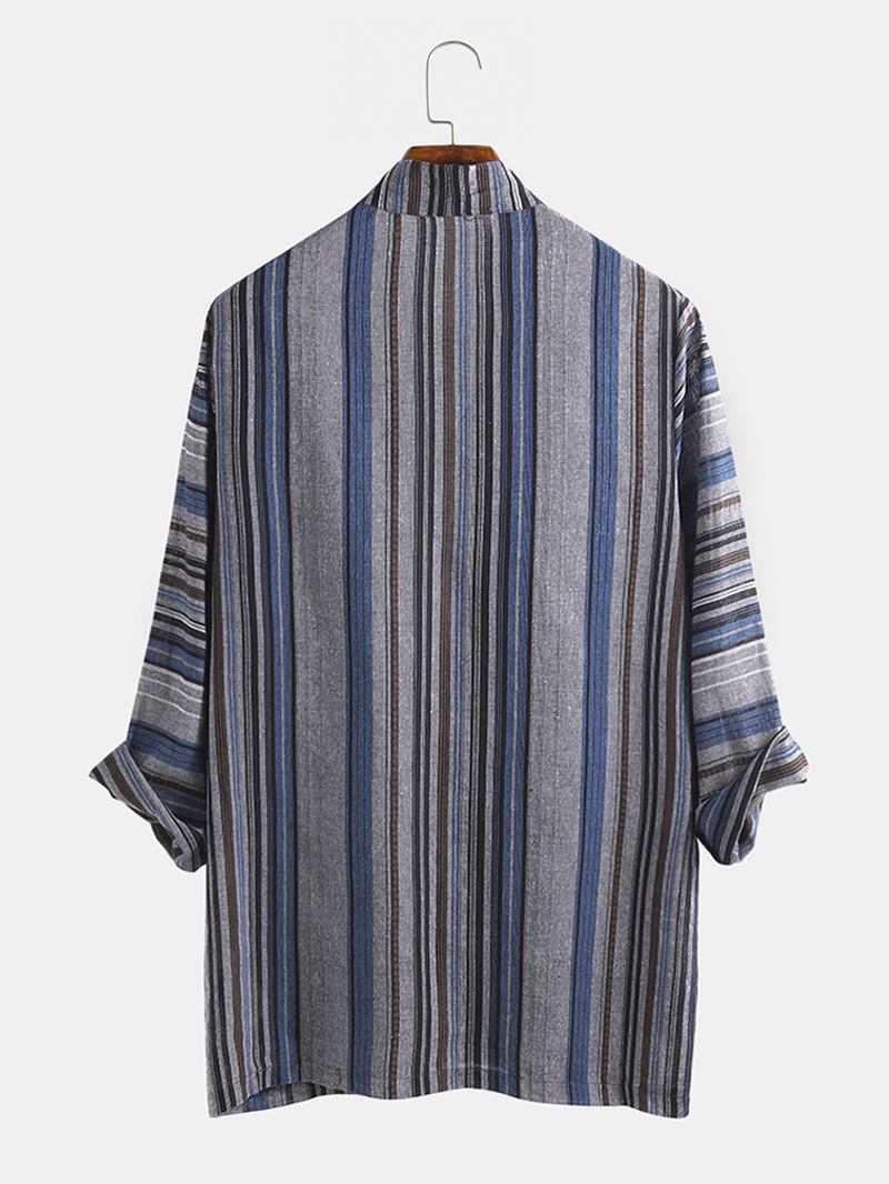 Herre Bomull Vintage Stripe Dobbeltlomme Kimono Cardigan Skjorter